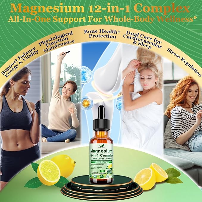 2 Pack 12-in-1 Magnesium Complex Liquid Drops Chelated Magnesium Citrate Glycinate Taurate Malate Aspartate w. Ashwagandha Theanine D3 &amp Zinc for Relaxation Sleep Immune Health &amp Muscle Funct