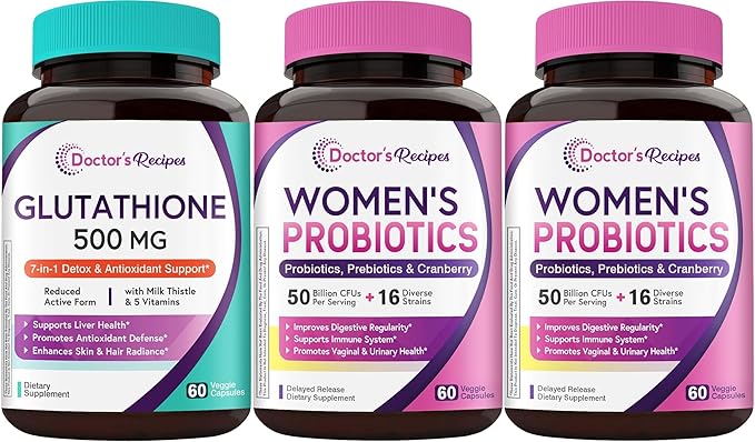Doctor's Recipes Value Bundle (180 Capsules): Glutathione for Liver &amp Immune Support + Women's Probiotics with Cranberry