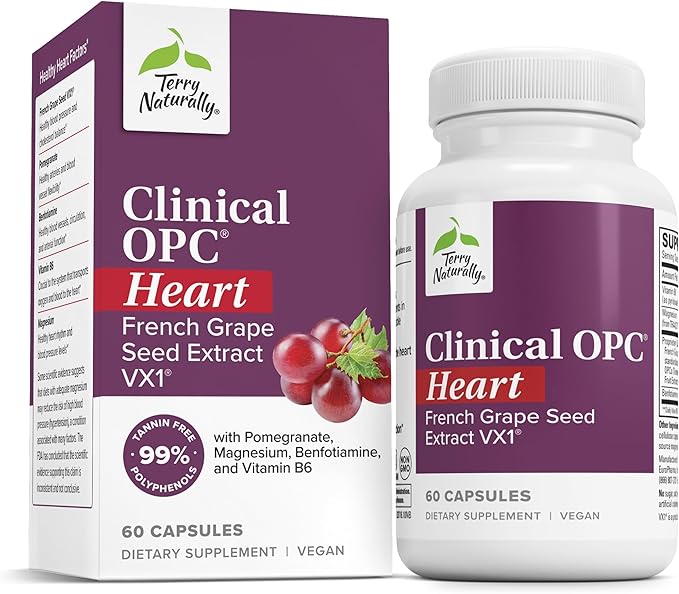 Terry Naturally Clinical OPC Heart - Heart Health Supplement with Magnesium Vitamin B6 Grape Seed Extract - Dietary Supplement for Artery Health &amp Circulation - 60 Capsules