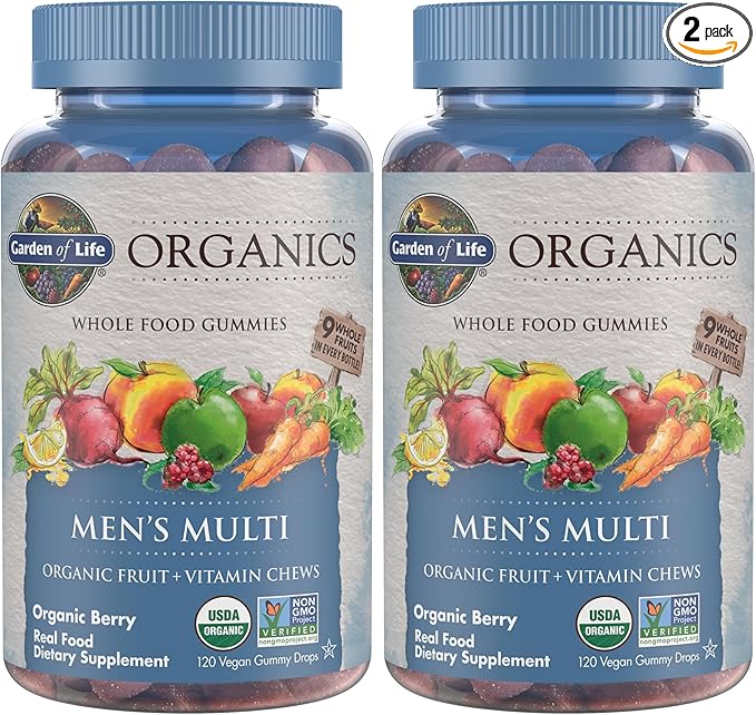 Garden of Life Organics Men's Gummy Vitamins - Berry - Certified OrganicNon-GMOVeganKosher Complete Multi - Methyl B12C &amp D3 - GlutenSoy &amp Dairy Free120 Real Fruit Chew Gummies(Pack of