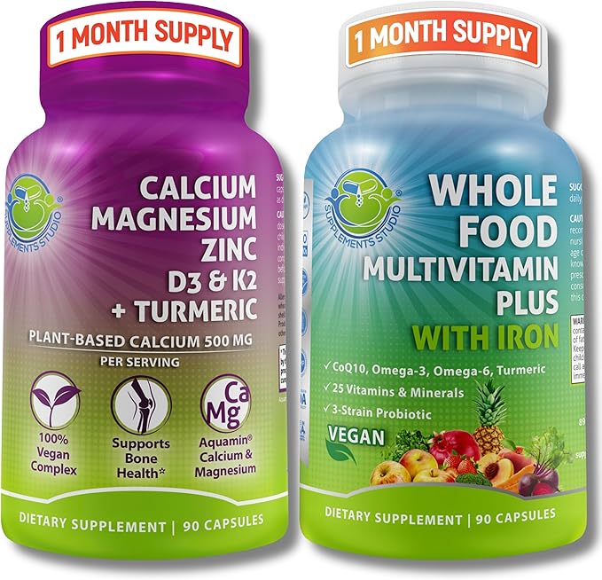 Vegan Whole Food Multivitamin with Iron + Plant-Based Calcium Magnesium Zinc D3 K2 &amp Turmeric – Vegan Daily Support for Energy Bone Health Immunity &amp Overall Wellness Trio