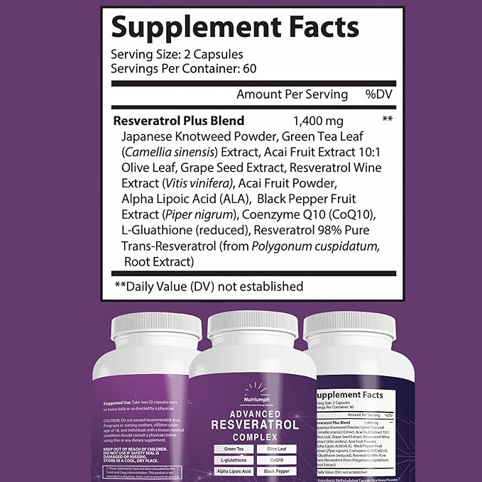 Advanced Resveratrol Complex – 1400mg Antioxidant Supplement with CoQ10 L-Glutathione Alpha Lipoic Acid Green Tea Olive Leaf and Black Pepper – 120 Vegan Capsules – Non-GMO Made in USA