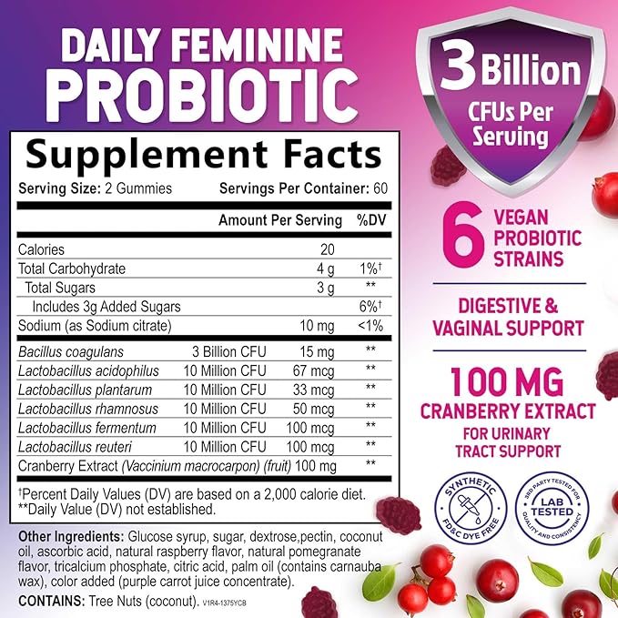 Nature's Nutrition Probiotics for Women Gummies with Cranberry - 6 Premium Strains for PH Balance Digestive Health Vaginal &amp Immune Support Women's Probiotic Gummy for Feminine Health - 120 Gum