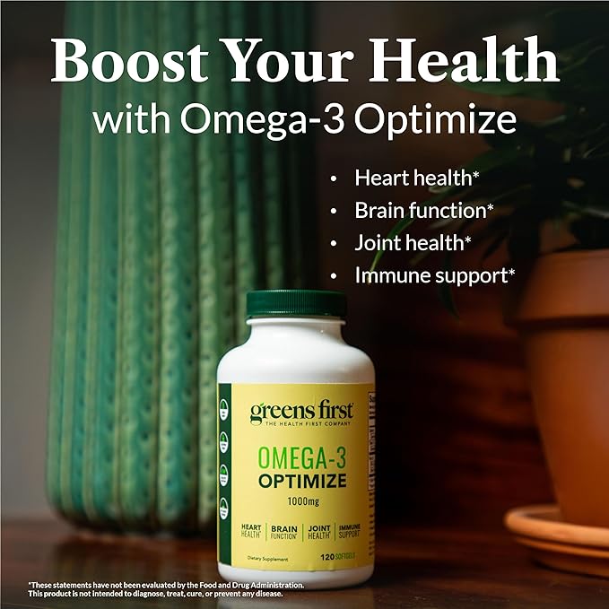 Greens First Omega-3 Optimize Daily Supplement – Ultra-Pure Potent Marine Oil - for Heart Brain &amp Joint Health - High EPA/DHA - Immune Support - 850mg (120 Softgels)