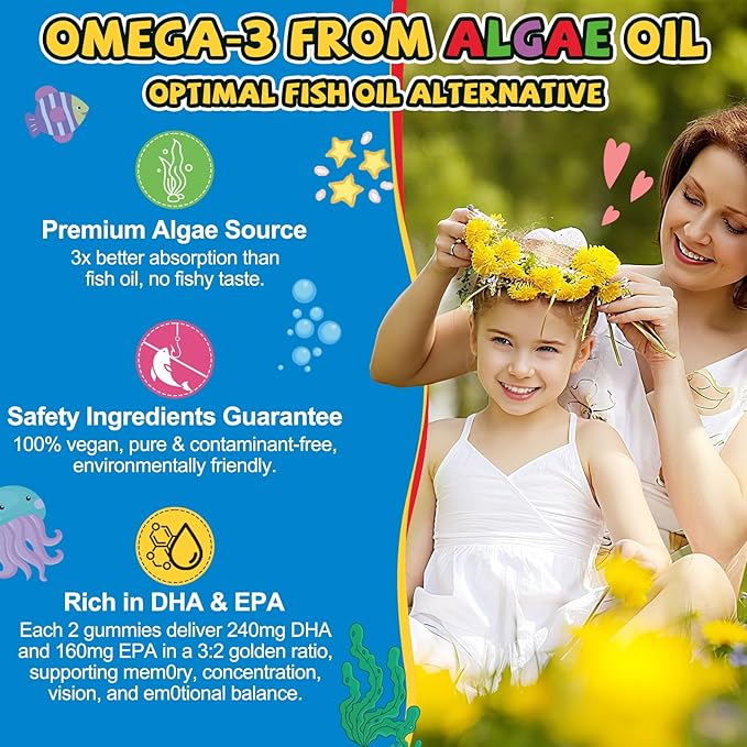 Organic Kid’s Omega-3 Gummies: Chewable Fish Oil Alternative Vegan Omega 3 Fatty Acid Supplement with DHA EPA Vitamin D3 B12 Calcium Magnesium - Focus Immune Health Support for Kids(120Count)