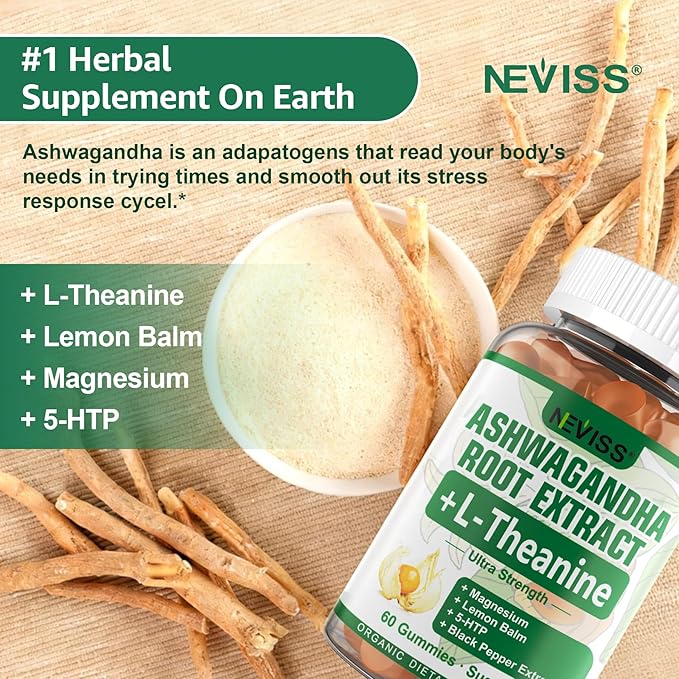 NEVISS Ashwagandha Gummies 2000mg Feel Refreshed Plus Proprietary Blend with 5-HTP L-Theanine Lemon Balm Magnesium for Calm Zzzs Mood Energy &amp Relaxation Support (1 Pack (60 Countss))