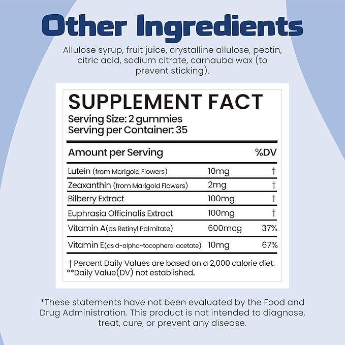 AmpUp Eye Wellness Sugar-Free Gummies with Lutein &amp Zeaxanthin Bilberry &amp Vitamin A + E Gluten Free Gelatin Free Non GMO Vegetarian Blueberry Flavor 70 Gummies (2)