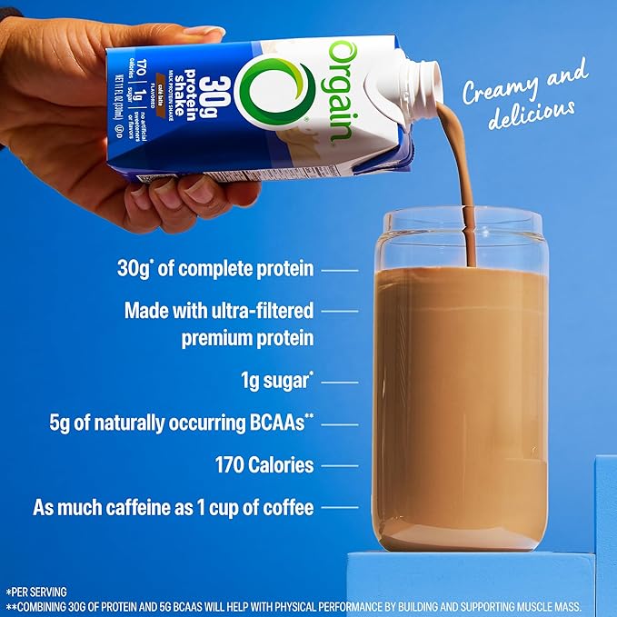 Orgain 30g High Protein ShakeCafé Latte5g BCAAs1g Sugar Per ServingCaffeine from 1 Cup of CoffeeMilk IsolateMeal ReplacementReady to DrinkKeto FriendlyGluten-Free 11 Fl Oz(Pack of 24)