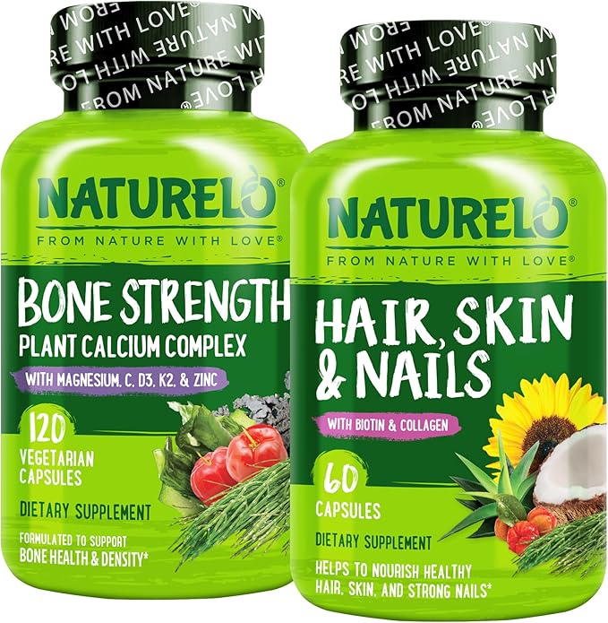 NATURELO Hair Skin and Nails Multivitamin - 60 Capsules and Calcium Supplement - 120 Vegetarian Capsules Bundle