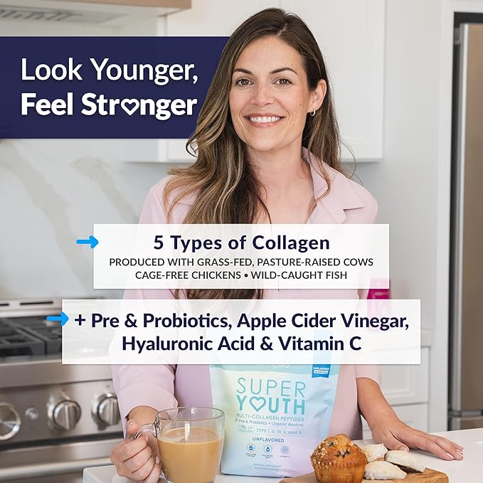 SkinnyFit - Super Youth Collagen for Women - Multi Collagen Peptides Powder - Probiotics Fiber Hyaluronic Acid - Non GMO Gluten Free Sugar Free - Beauty &amp Self Care - Unflavored (28 Servings)