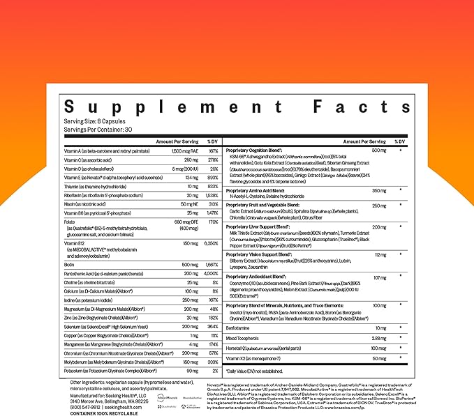Seeking Health Optimal Multivitamin Active B Vitamins and L-5-MTHF Riboflavin B6 Bioavailable Folate and B12 CoQ10 Methylation Support Vegetarian (240 Capsules)