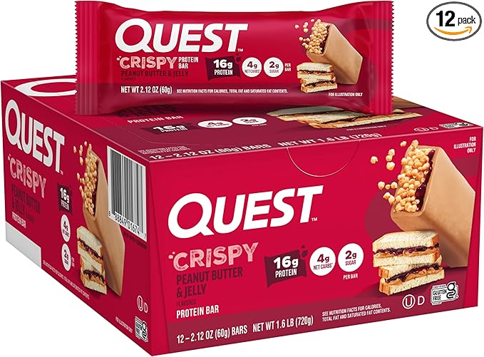 Quest Nutrition Crispy Peanut Butter &amp Jelly 16g Protein Bar 2g Sugar 4g Net Carbs Gluten Free Snack Keto Friendly 12 Count