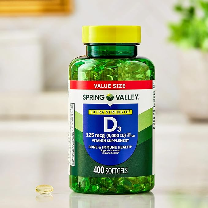SUREFECT Spring Valley Extra Strength Vitamin D3 125 mcg (5000 IU) Softgels Bone &amp Immune Support - 400 Count Organizer