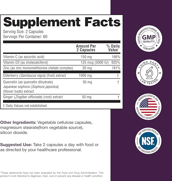 Elderberry Vitamin C and Zinc Capsules for Adults | 240 Count with Quercetin &amp Vitamin D3 | 6-in-1 Immune Support Supplement Pills | Sambucus Black Elderberry Natural Immunity Vitamins | Made in U