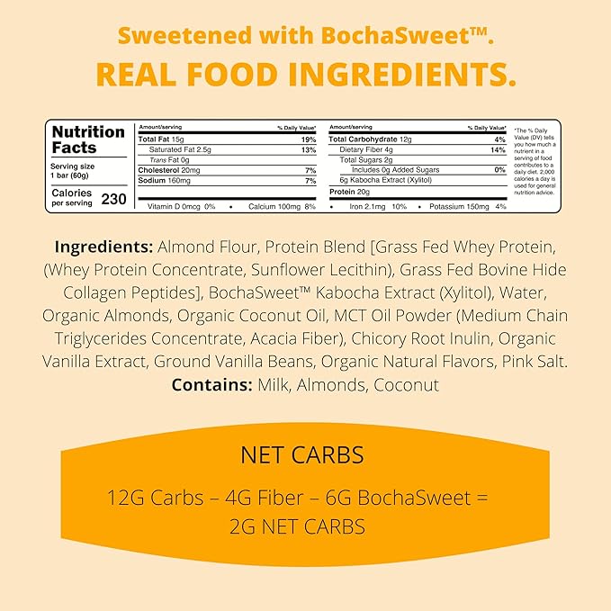 BochaSweet Keto Protein Bar Vanilla Almond Crunch BochaBar 20g Grass Fed Collagen Low Carb Keto-Friendly Gluten Free 12 Count