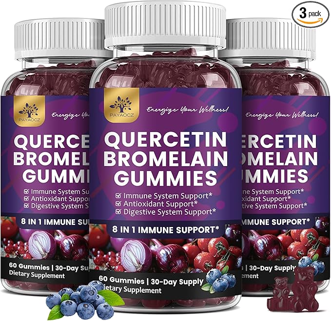 (3 Pack) Quercetin Gummies with Bromelain Zinc Elderberry Vitamin C D3 K2 Quercetin 1000mg Supplement with Bromelain 500mg for Cardiovascular Immune System &amp Allergy Vegan Gummy for Adult &amp