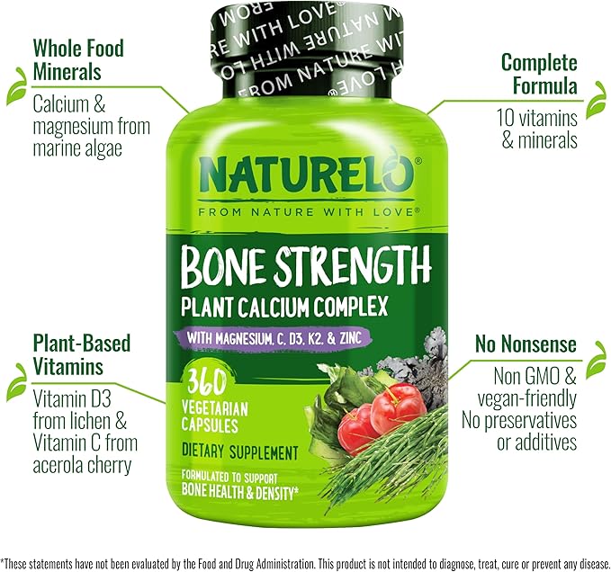NATURELO Calcium Supplement - with Vitamin C Vitamin D3 K2 and Calcium Magnesium Zinc for Bone Strength with Calcium 600mg - Plant-Based 360 Vegetarian Capsules Non-GMO Soy &amp Gluten-Free