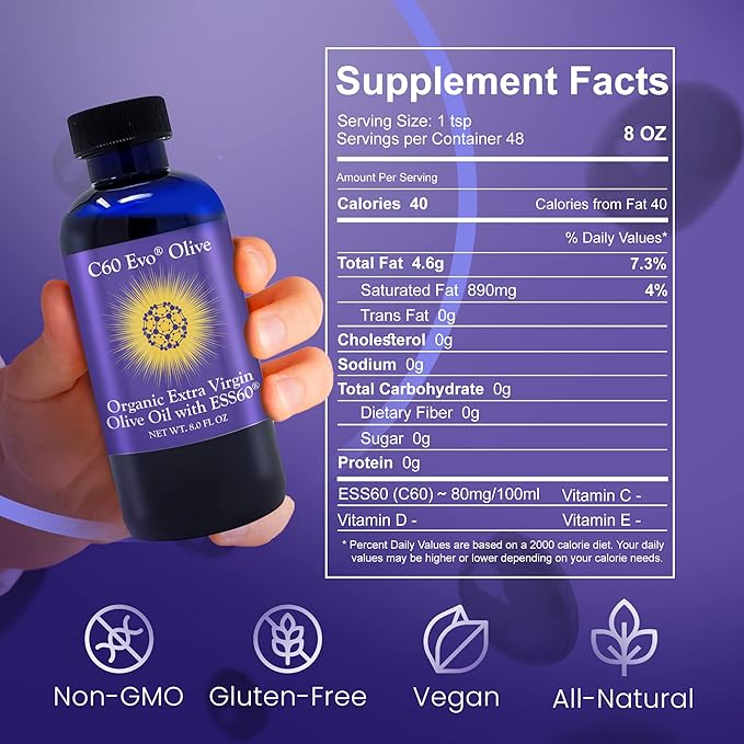 Pure Carbon 60 ESS60 in All-Natural Extra Virgin Olive Oil All-in-One Sleep Supplement Antioxidants Supplement and Energy Supplement for Overall Wellness Flexibility Youthful Glow 8 oz
