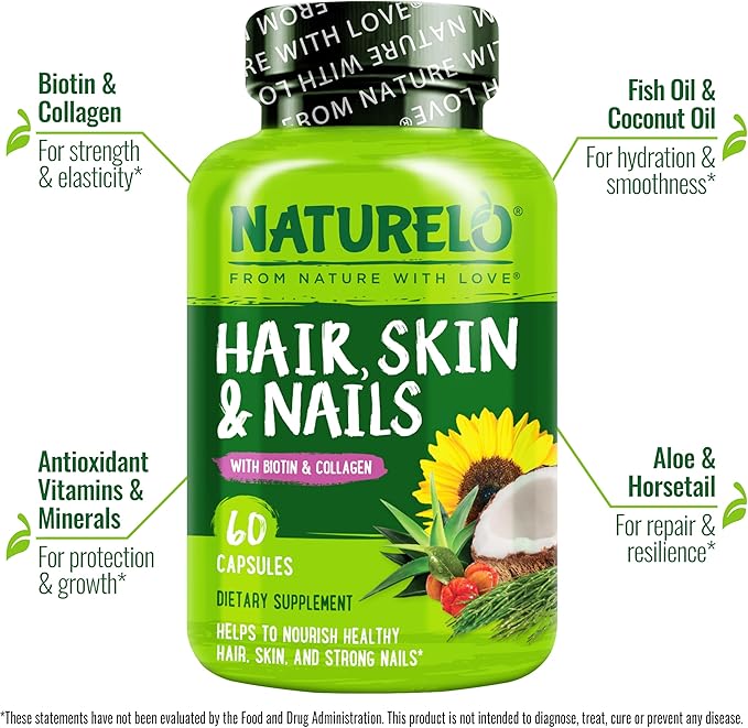 NATURELO Hair Skin and Nails Vitamins - 5000 mcg Biotin Collagen Natural Vitamin E - Supplement for Healthy Skin Hair Growth for Women and Men – 60 Capsules