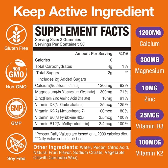 Calcium Citrate with Vitamin D3 K2 1200mg Calcium Gummies with Magnesium Zinc Extra Absorption Calcium Supplements for Women &amp Men Bone Muscle &amp Immune Support Fruit Flavor 120 Chewable G