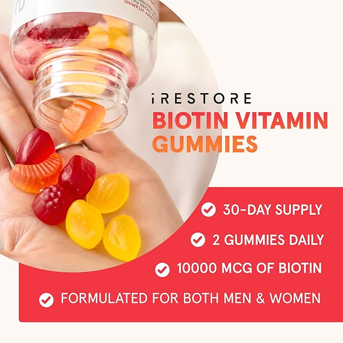 iRestore Biotin Gummies 10000 mcg - 3 Natural Fruit Flavors Hair Vitamins Multi Supplement for Hair Skin and Nails for Women &amp Men 60 Vegan Gummies 30 Day Supply