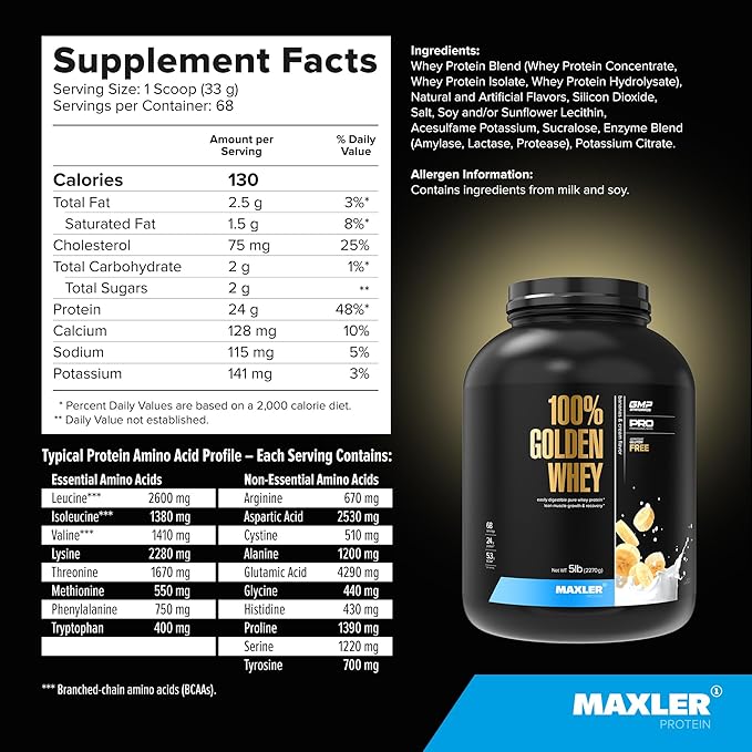 Maxler 100% Golden Whey Protein - 24g of Protein per Serving - Whey Protein Powder for Pre Post Workout - Fast-Absorbing Whey Concentrate Isolate &amp Hydrolysate Blend - Bananas &amp Cream 5 lb