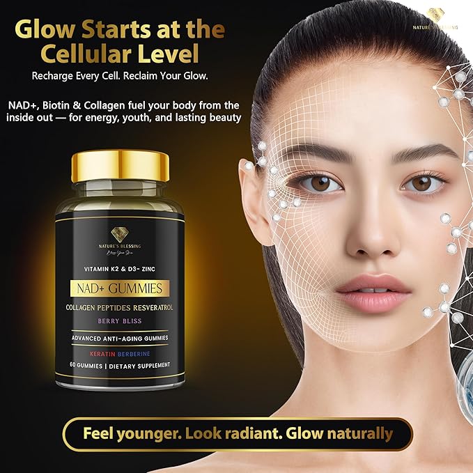 Nature's Blessing NAD+ Anti-Aging Gummies – Boost Cellular Repair Brain Clarity &amp Radiant Skin – with Biotin Collagen Resveratrol Vitamin D3 K2 Zinc &amp Keratin – Delicious Berry Bliss