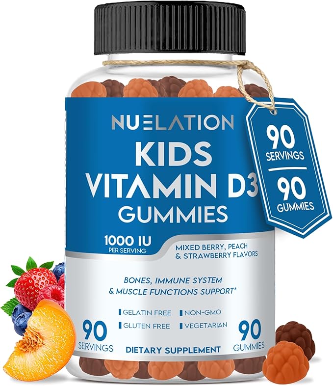 Kids Vitamin D Gummies (90 Day Supply) Vitamin D3 for Kids (1000IU) to Support Strucutre Muscle Functions &amp Immune System. Delicious &amp Vegetarian Gummy Vitamin D