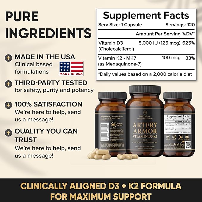 Vitamin D3 K2 Supplement 5000 IU 100 mcg MK7 – High Potency D3+K2 Capsules for Artery Health Heart Support &amp Strong Bones Non-GMO Third-Party Tested d3+k2 Vitamin Supplement Artery Armor -120 Cou