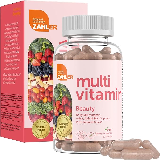 Zahler Multivitamin Beauty + Skin Hair and Nails Support Multivitamin for Women and Men with Iron Certified Kosher 60 Capsules
