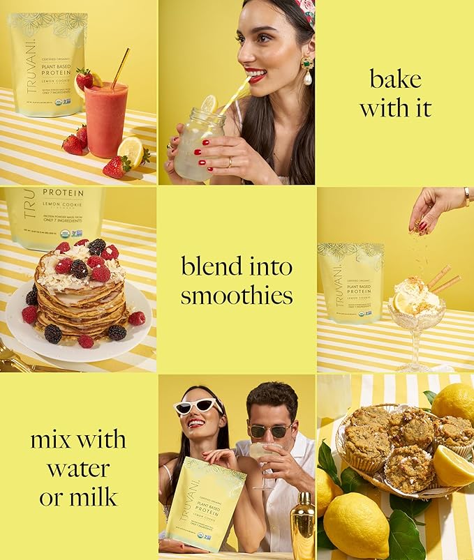 Truvani Vegan Pea Protein Powder | Lemon Cookie | 20g Organic Plant Based Protein | Single Serving Travel Packets | 10 Servings | Keto | Gluten &amp Dairy Free | Low Carb | No Added Sugar