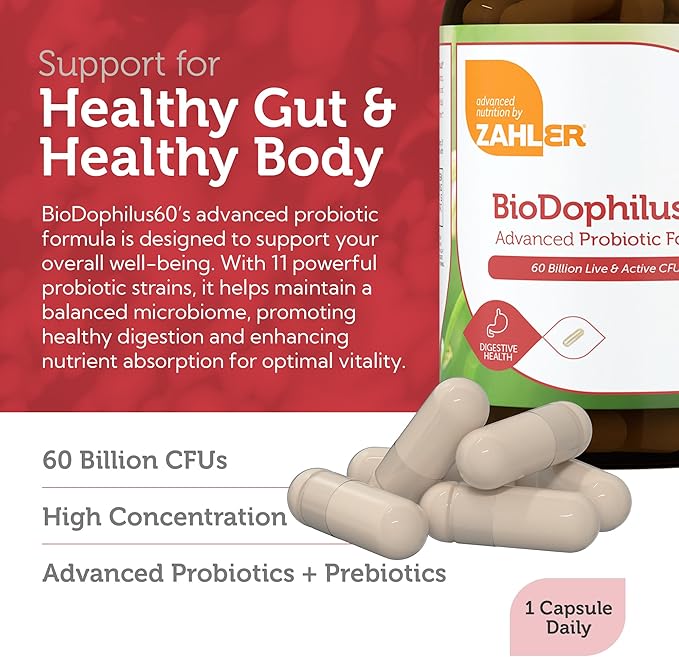 Zahler Biodophilus 60 Billion Live Cultures Per Serving Supports Digestive HealthCertified Kosher 30 Capsules