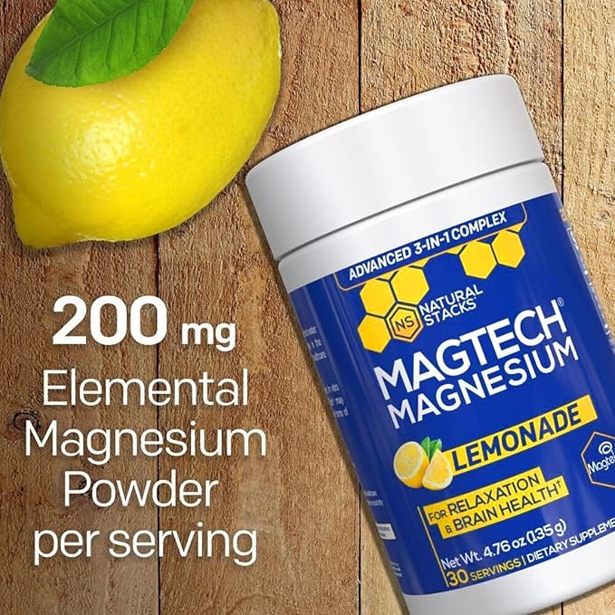 Magtein Magnesium L-Threonate Glycinate &amp Taurate - MagTech Magnesium Powder - Sugar Free Lemonade Drink - 200mg Chelated Triple Complex - Supports Relaxation &amp Brain Health* - 30 Servings