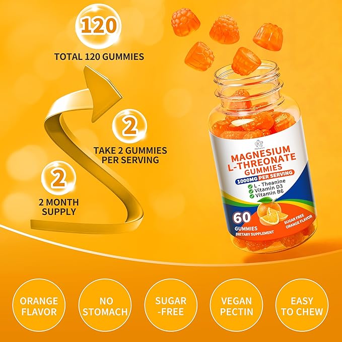 (2 Pack) Magnesium L-threonate Gummies 1000mg for Kids &amp Adults High Absorption Magnesium Threonate with L - Theanine Vitamin D3 &amp B6 for Muscle Nervous System Sugar-Free Orange Flavor