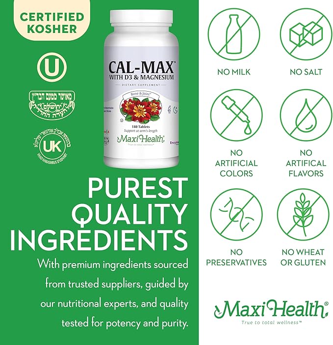Maxi Health Calcium 1000 mg with Vitamin D3 (400 IU) and Magnesium (750 mg) - Cal Max Dietary Supplement for Bone Teeth and Joint Support - for Men and Women - 180 Tablets