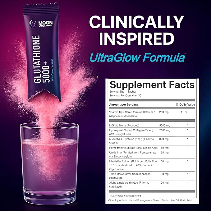 Liposomal Glutathione 5000mg Powder Drink – Advanced 7 Antioxidant Complex with Urolithin A NAC &amp Collagen – Skin Brightening Anti-Aging &amp Detox Support – 30 Sachets