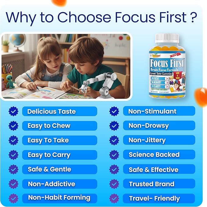 Focus First Kids Focus and Attention Supplements Teen Vitamin Brain Support Focus Gummies For Teens Brain Supplements For Memory And Focus For Kids Vegan Non-GMO Fruity Flavor – 60 Gummies