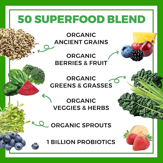 Orgain Organic Greens Powder + 50 Superfoods Original - 1 Billion Probiotics for Digestive Health Antioxidants Vegan Plant-Based Gluten-Free Non-GMO Green Juice &amp Smoothie Drink Mix - 0.62l