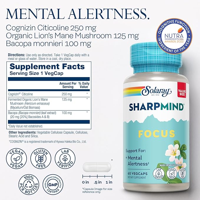 SOLARAY SharpMind Focus Mental Alertness Nootropic Supplement for Healthy Brain Fog Cognizin Citicoline Lions Mane Mushroom Bacopa Monnieri 60 Day Money Guarantee 60 Serv 60 Veg Caps