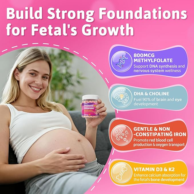 Prenatal Vitamin for Womem 37-In-1 Multivitamin Gummies w/Omega-3 DHA Methylfolate Choline Iron Vitamin B12 B6 D3 C Postnatal Vitamins Support Mom &amp Baby | Before During &amp After Pregnan