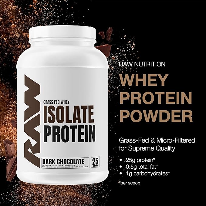 RAW Whey Isolate Protein Powder Dark Chocolate - 100% Grass-Fed Sports Nutrition Whey Protein Powder for Muscle Growth &amp Recovery - Low-Fat Low Carb Naturally Flavored &amp Sweetened - 25 Serv