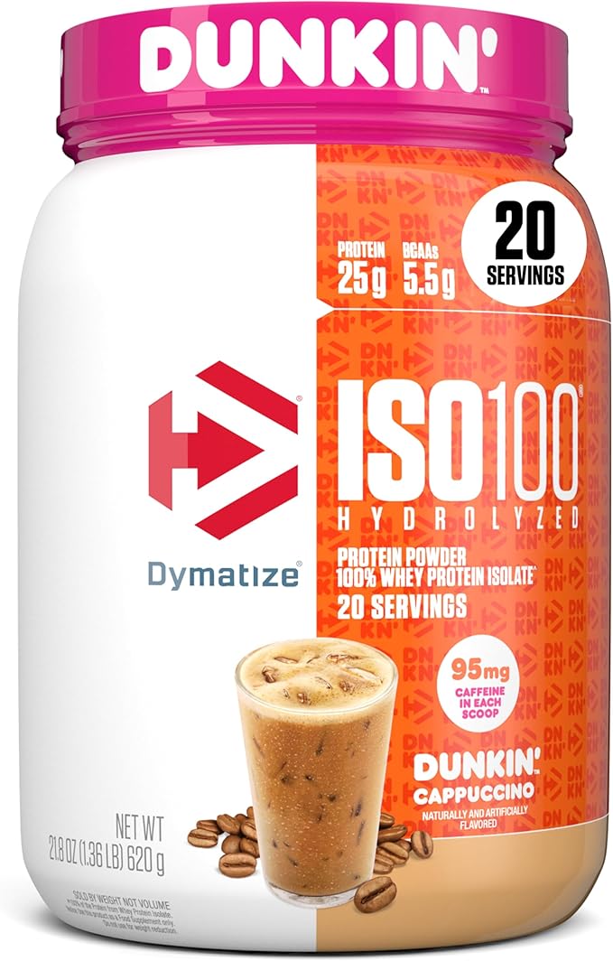 Dymatize x Dunkin' Cappuccino ISO100 Whey Protein Powder 95mg Caffeine 25g of Protein5.5g BCAAs 120 Cal. Gluten Free 1g Fat 1g Sugar 2g Carb (20 Servings)