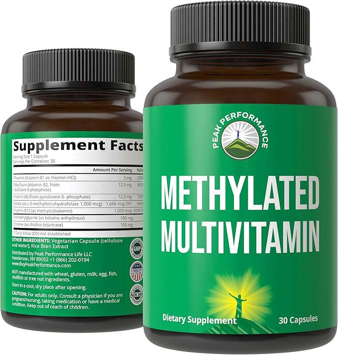 Peak Performance Methylated Multivitamin B Complex Supplement - Trimethylglycine (TMG) L Methylfolate Methyl B12 + B1 + B2 + B6 Vitamins + Choline - MTHFR Vegan Capsules Supplement for Women &amp M