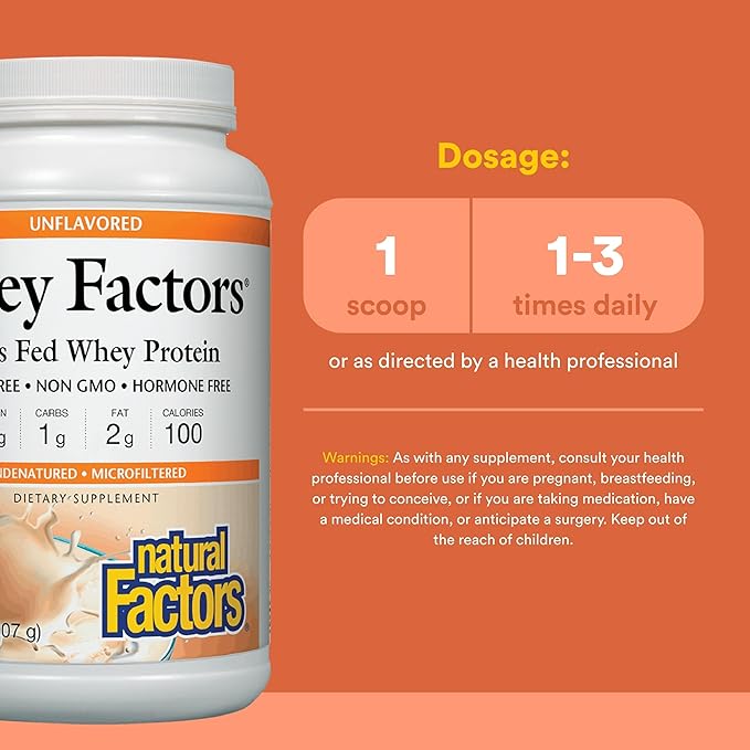 Whey Factors by Natural Factors Grass Fed Whey Protein Concentrate Aids Muscle Development and Immune Health Unflavored 2 lb
