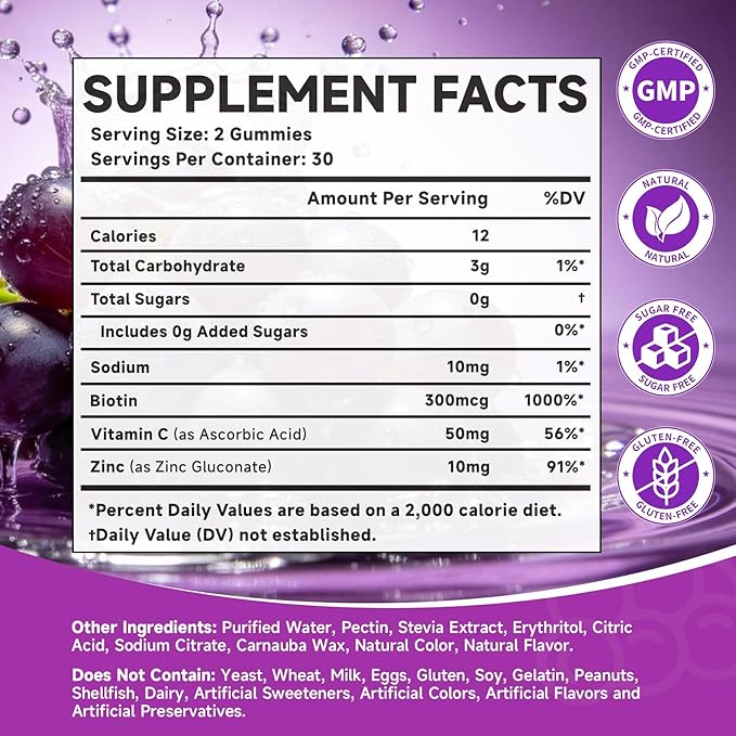 Sugar Free Biotin Hair Skin &amp Nails Gummies Supports Healthy Hair Skin and Stronger Nails with Vitamin C Zinc Chewable Vitamin B7 Supplements for Women &amp Men Vegan Non-GMO Grape 120 C