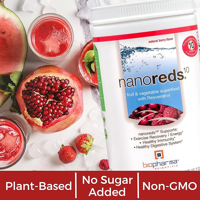 Biopharma Scientific Nanoreds: Reds Superfood Fruit &amp Vegetable Powder Smoothie Mix for Digestive Health &amp Immunity with Antioxidants VitaminC Elderberry Pomegranate Berry Flavor 30 Servi