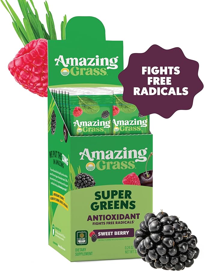 Amazing Grass Greens Blend Antioxidant: Super Greens Powder with Spirulina Beet Root Powder Elderberry Prebiotics &amp Probiotics Sweet Berry 15 Servings (Packaging May Vary)
