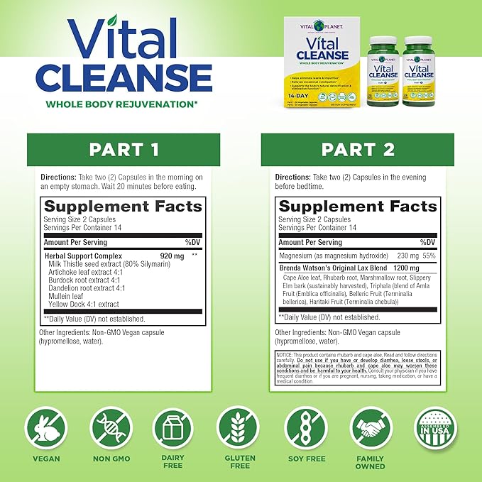 Vital Planet - Whole Body Internal Cleansing Kit with Vital Cleanse 14-Day 2-Part Program Vital Fiber Vital Gut Renew and Vital Flora Ultra Shelf Stable 30 Capsule Probiotic 4 Products-in-One