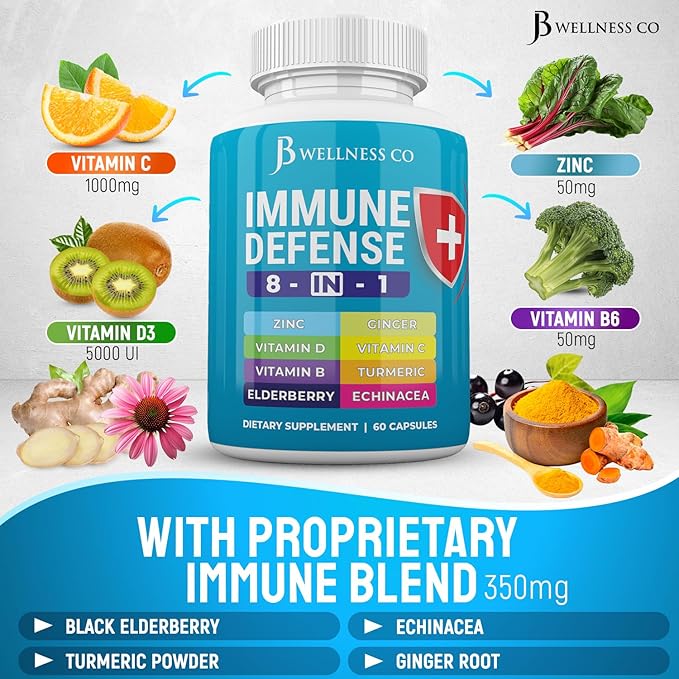 Immune Support 8 in 1 Capsules - Zinc Supplement Vitamin D3 Vitamin C and Elderberry - Immune Booster Supplement with Echinacea Ginger Root and Turmeric
