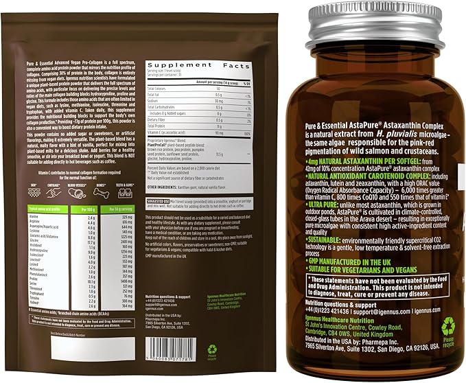 Vegan Vanilla Collagen Protein Powder + Astaxanthin Complex Vegan Bundle Collagen Boosting Formula + Natural 4mg H. Pluvialis Astaxanthin for Hair Skin &amp Nails by Igennus